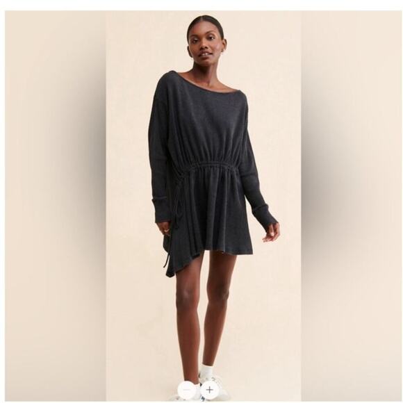 Free People Josie Thermal Dress Medium Black Waffle knit dress tunic - Picture 2 of 13